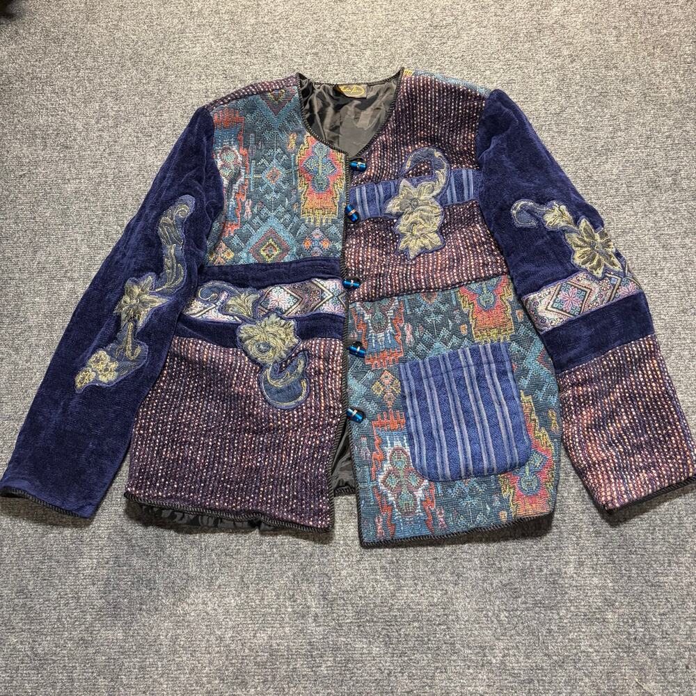 Vintage Julia Kim Patchwork Embroidered Velvet Tapestry Art Jacket Women Large